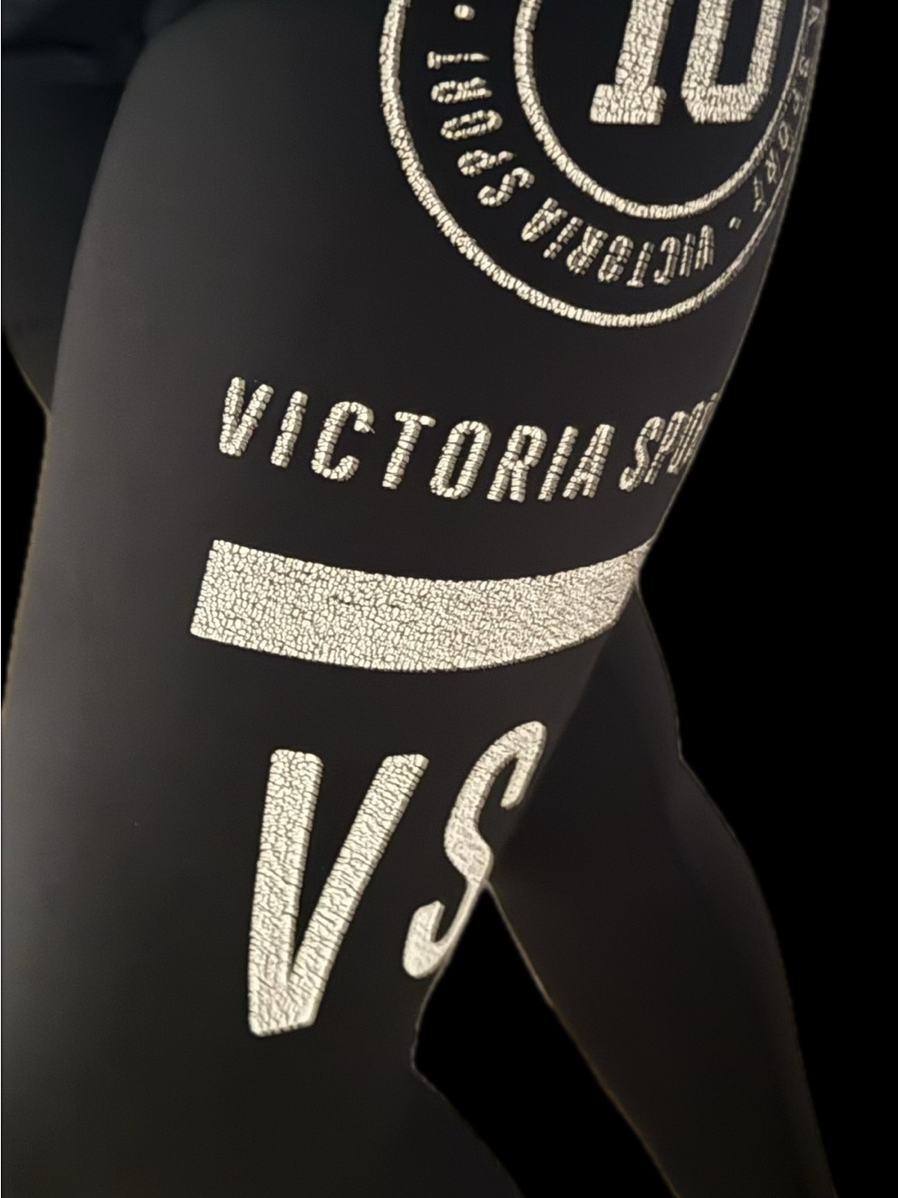 ❌ ISO ❌Victoria's Secret Black Leggings with Silver Metallic Logos